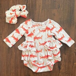 Kate Quinn Orange Shark Print Romper and Headband Set